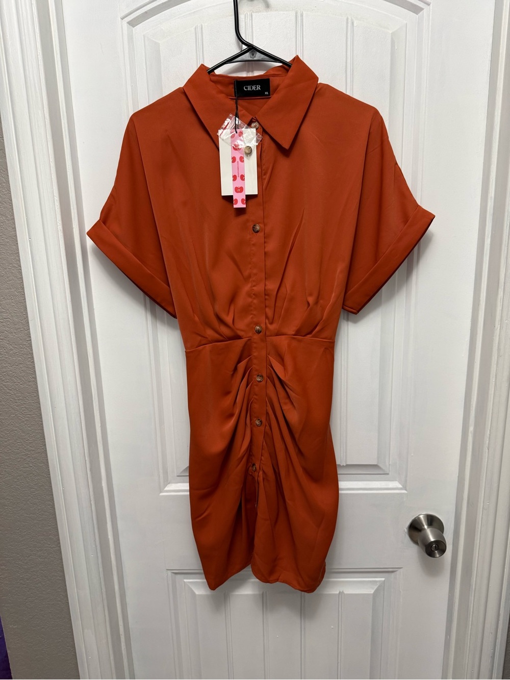 Cider Collar Shirt Dress Cinched Waist Mini Shirt Dress Orange Size XL (18-5)